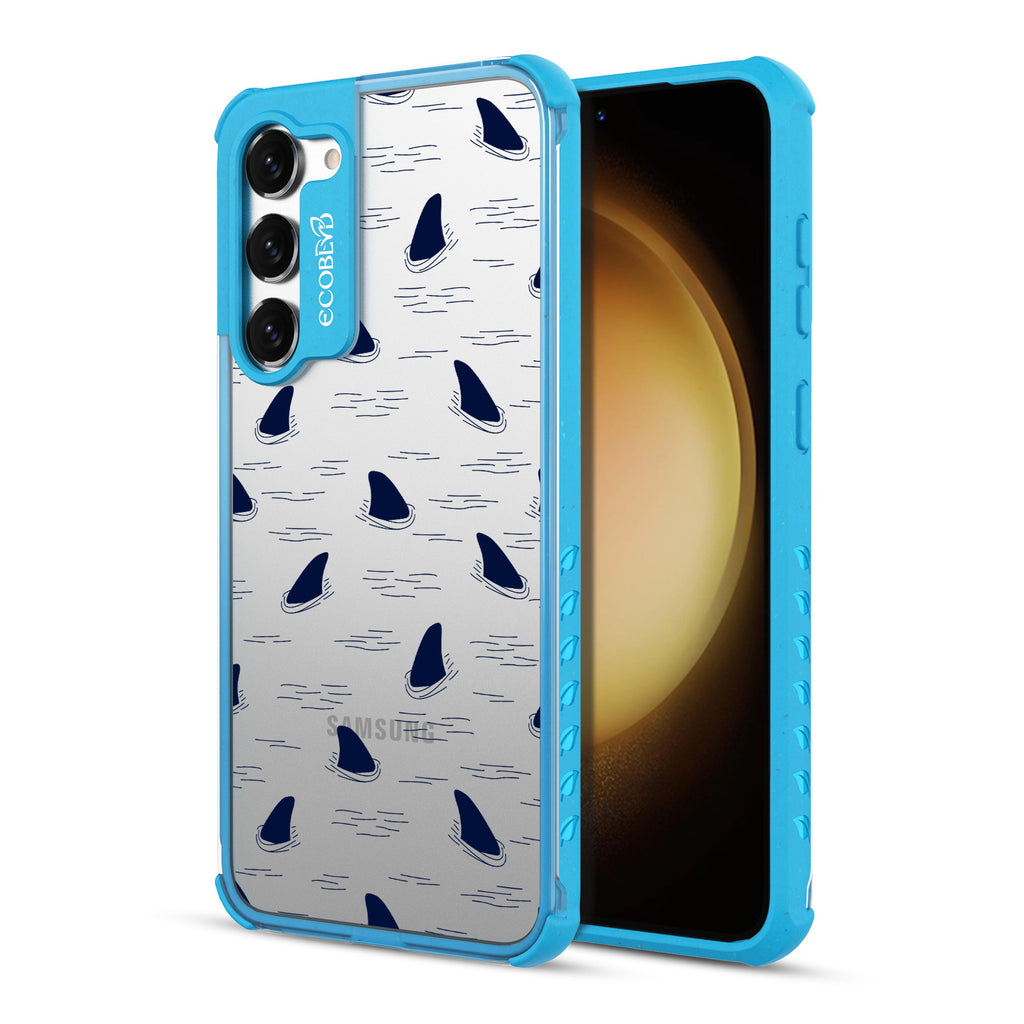 Shark Fin - Back View Of Blue & Clear Eco-Friendly Galaxy S23 Case & A Front View Of The Screen