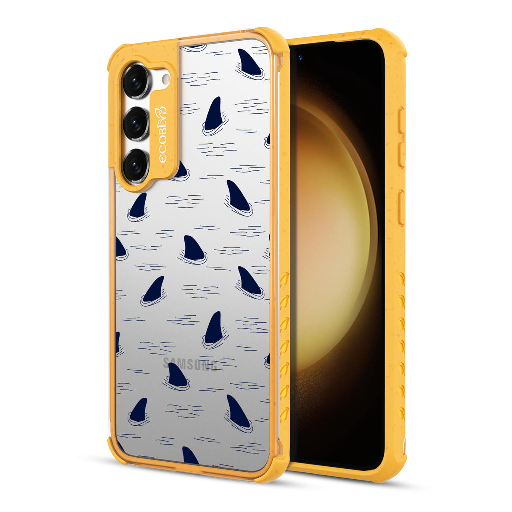 Shark Fin - Back View Of Yellow & Clear Eco-Friendly Galaxy S23 Case & A Front View Of The Screen