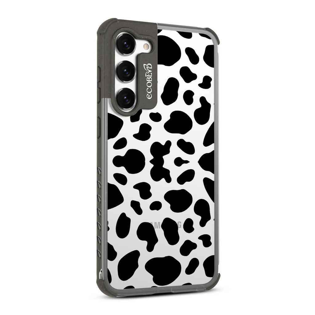 Cow Print - Left-side View Of Black & Clear Eco-Friendly Galaxy S23 Plus Case