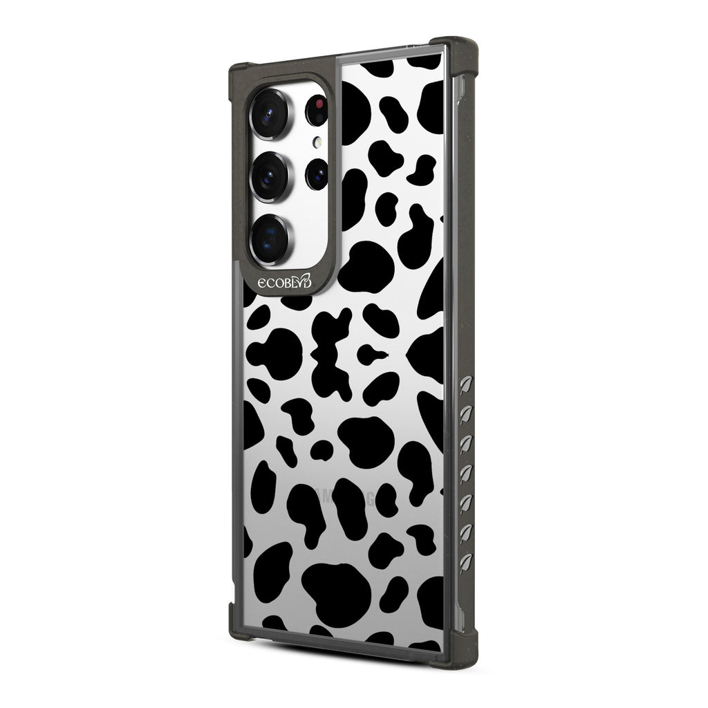 Cow Print - Right-side View Of Black & Clear Eco-Friendly Galaxy S23 Ultra Case