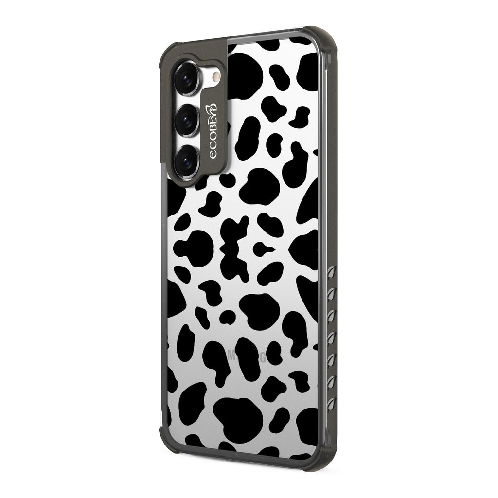 Cow Print - Right-side View Of Black & Clear Eco-Friendly Galaxy S23 Case