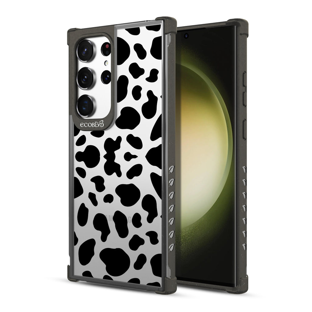 Cow Print - Back View Of Black & Clear Eco-Friendly Galaxy S23 Ultra Case & A Front View Of The Screen