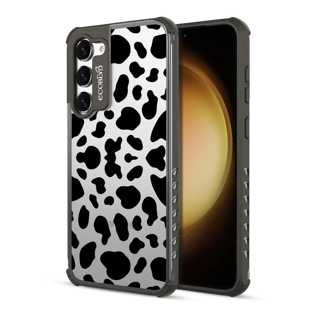 Cow Print - Back View Of Black & Clear Eco-Friendly Galaxy S23 Plus Case & A Front View Of The Screen
