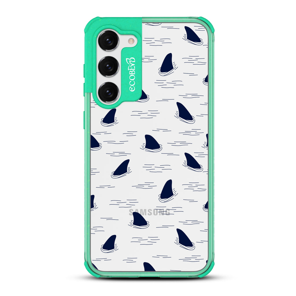 Shark Fin - Green Eco-Friendly Galaxy S23 Plus Case With Shark Fins Peeking From Water On A Clear Back