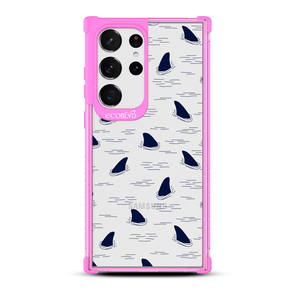 Shark Fin - Pink Eco-Friendly Galaxy S23 Ultra Case With Shark Fins Peeking From Water On A Clear Back