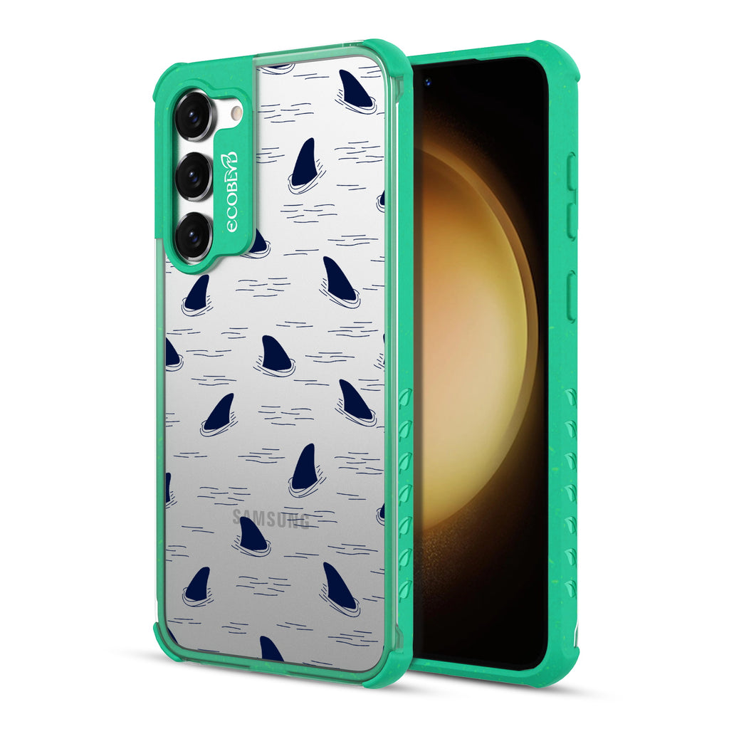 Shark Fin - Back View Of Green & Clear Eco-Friendly Galaxy S23 Case & A Front View Of The Screen