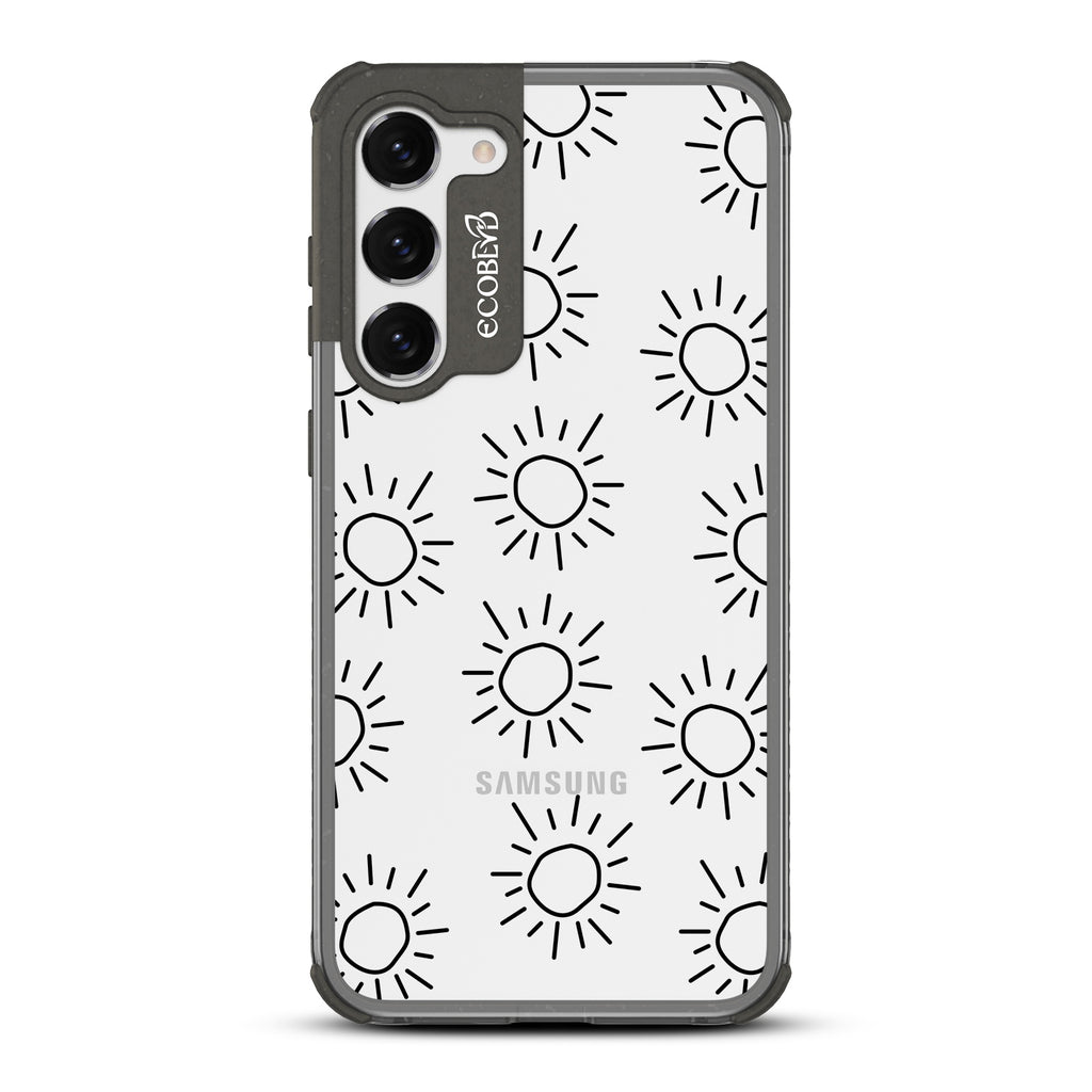 Sun - Black Eco-Friendly Galaxy S23 Plus Case With Various Scribbled Suns On A Clear Back