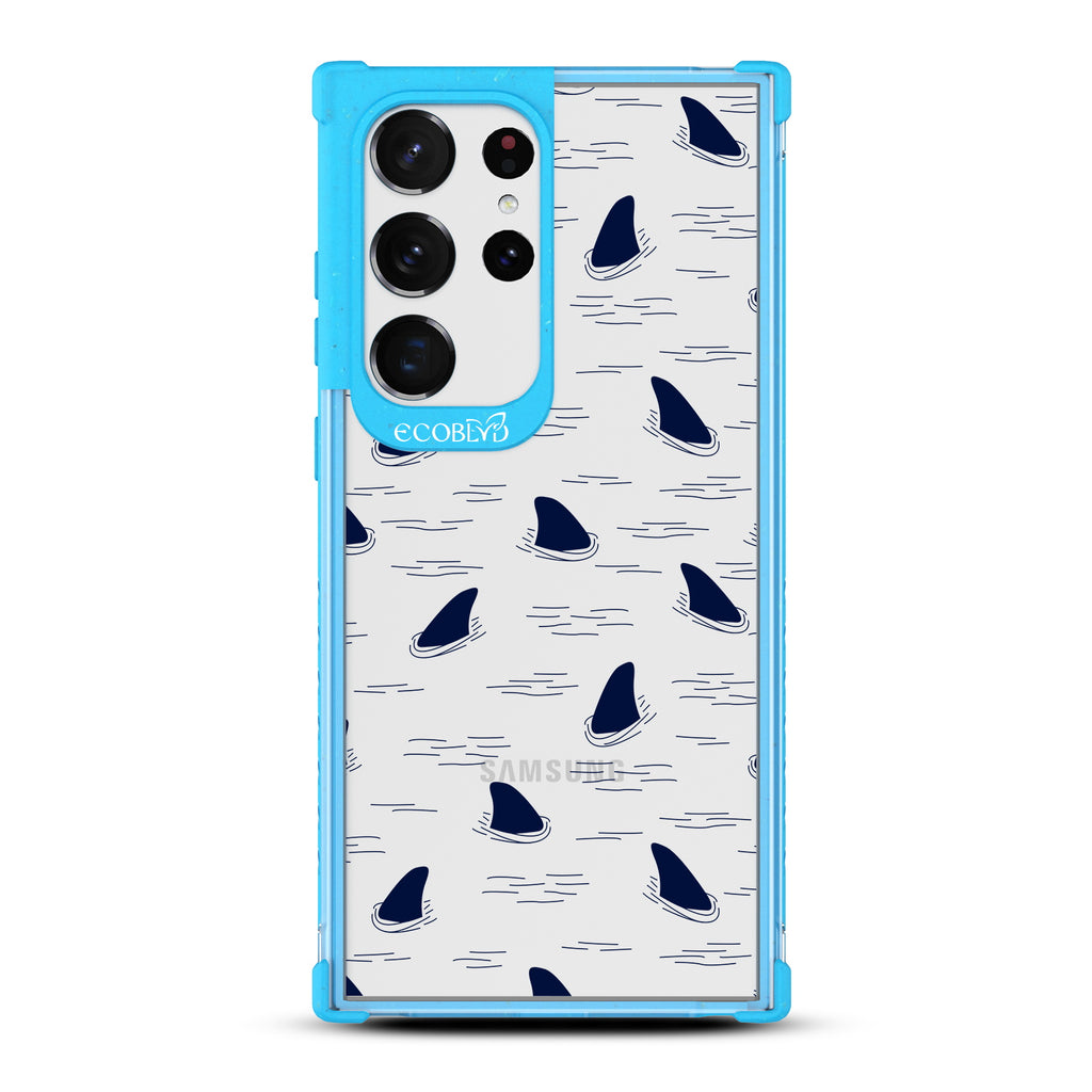 Shark Fin - Blue Eco-Friendly Galaxy S23 Ultra Case With Shark Fins Peeking From Water On A Clear Back