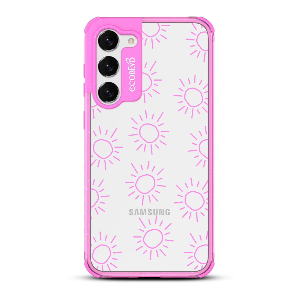 Sun - Pink Eco-Friendly Galaxy S23 Plus Case With Various Scribbled Suns On A Clear Back