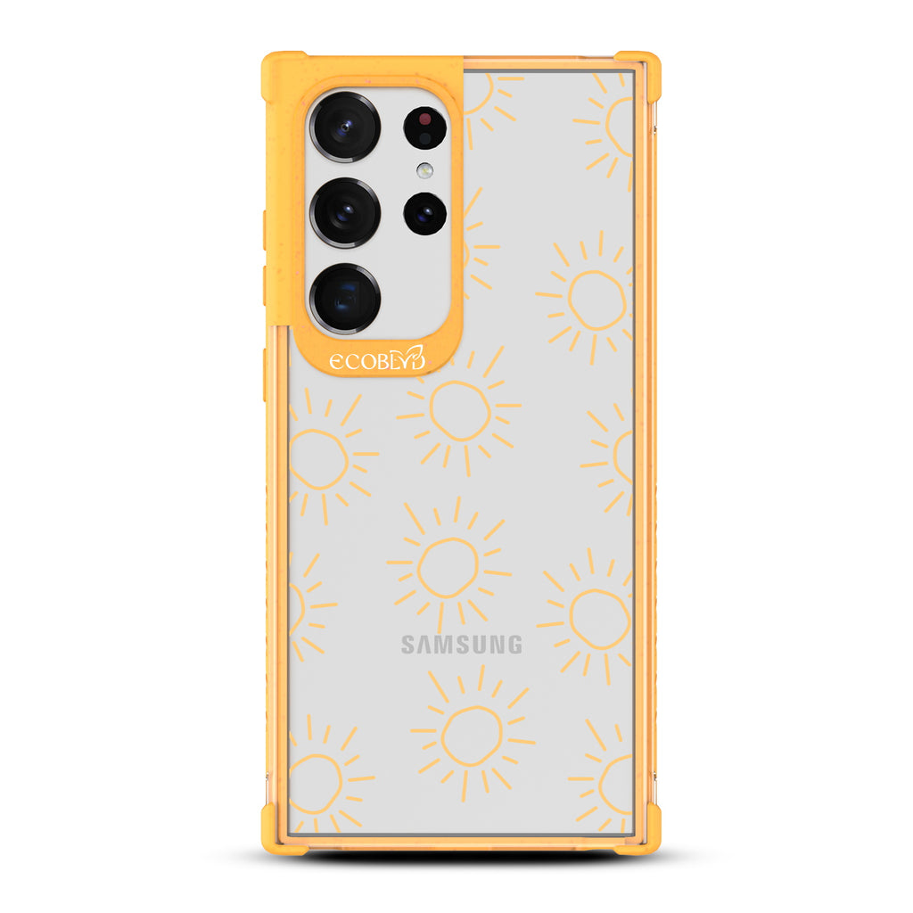 Sun - Yellow Eco-Friendly Galaxy S23 Ultra Case With Various Scribbled Suns On A Clear Back