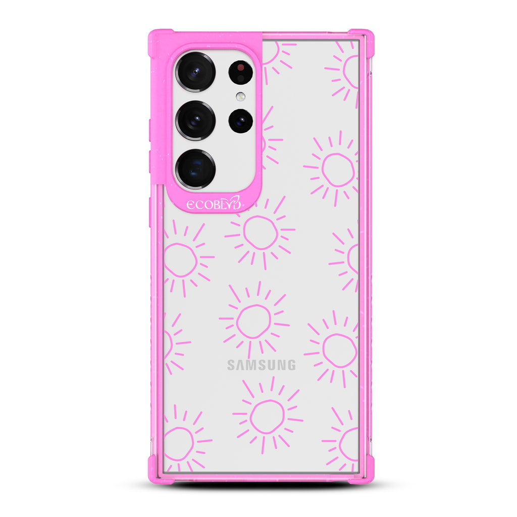 Sun - Pink Eco-Friendly Galaxy S23 Ultra Case With Various Scribbled Suns On A Clear Back