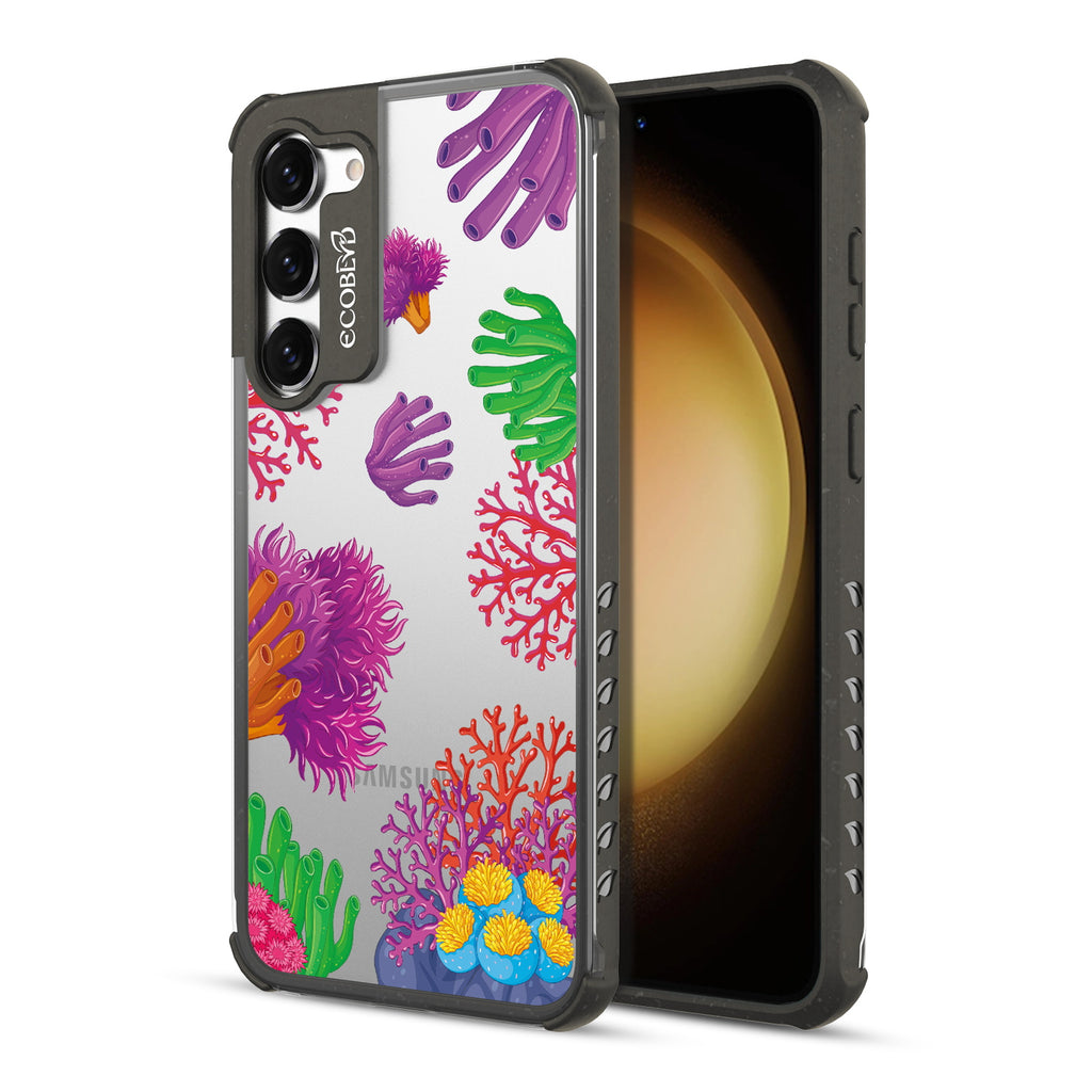 Coral Reef - Back View Of Black & Clear Eco-Friendly Galaxy S23 Case & A Front View Of The Screen