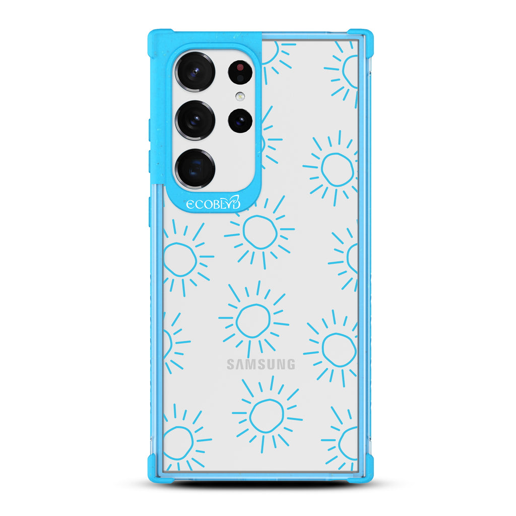 Sun - Blue Eco-Friendly Galaxy S23 Ultra Case With Various Scribbled Suns On A Clear Back