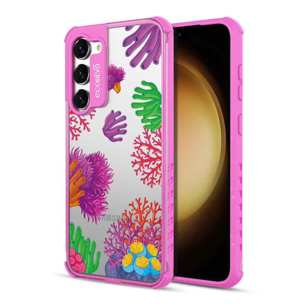 Coral Reef - Back View Of Pink & Clear Eco-Friendly Galaxy S23 Case & A Front View Of The Screen
