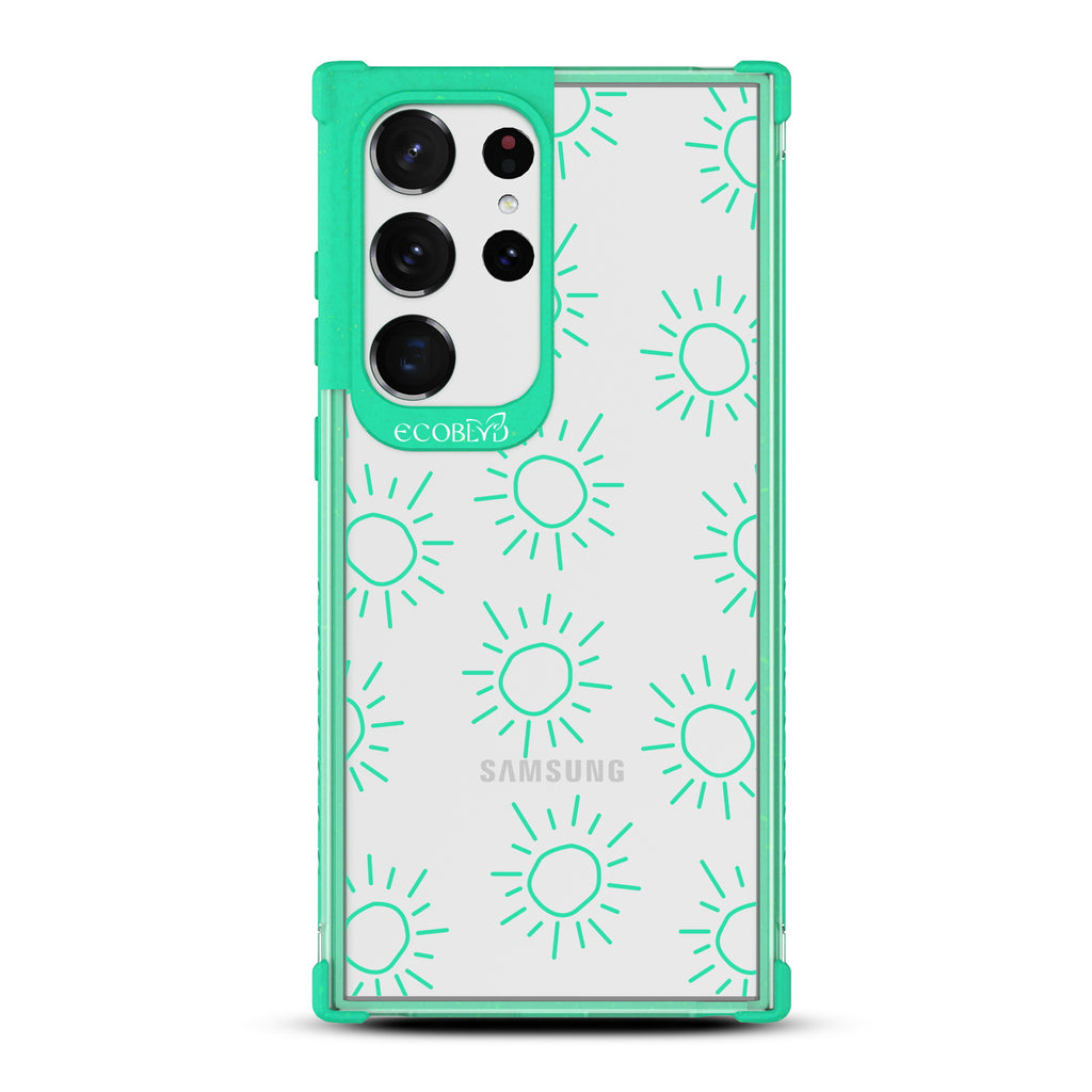 Sun - Green Eco-Friendly Galaxy S23 Ultra Case With Various Scribbled Suns On A Clear Back