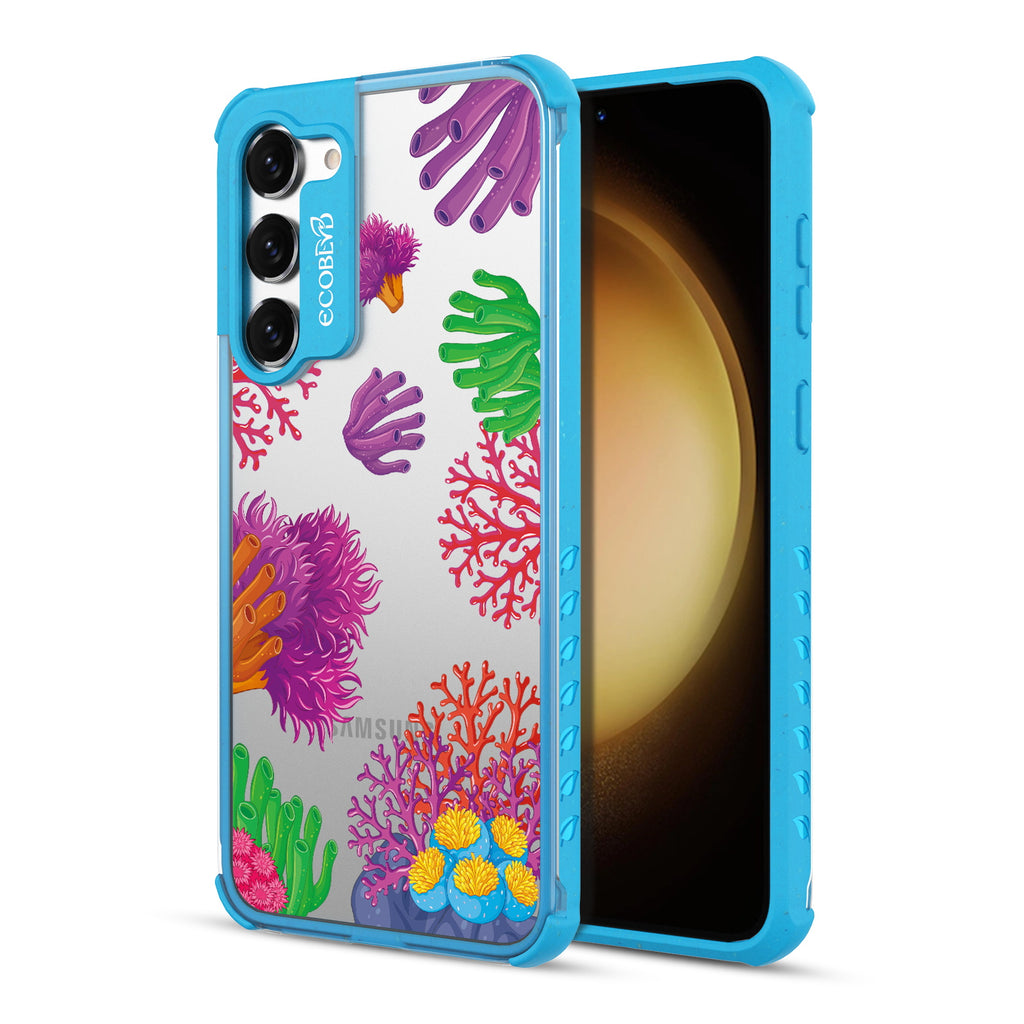 Coral Reef - Back View Of Blue & Clear Eco-Friendly Galaxy S23 Case & A Front View Of The Screen