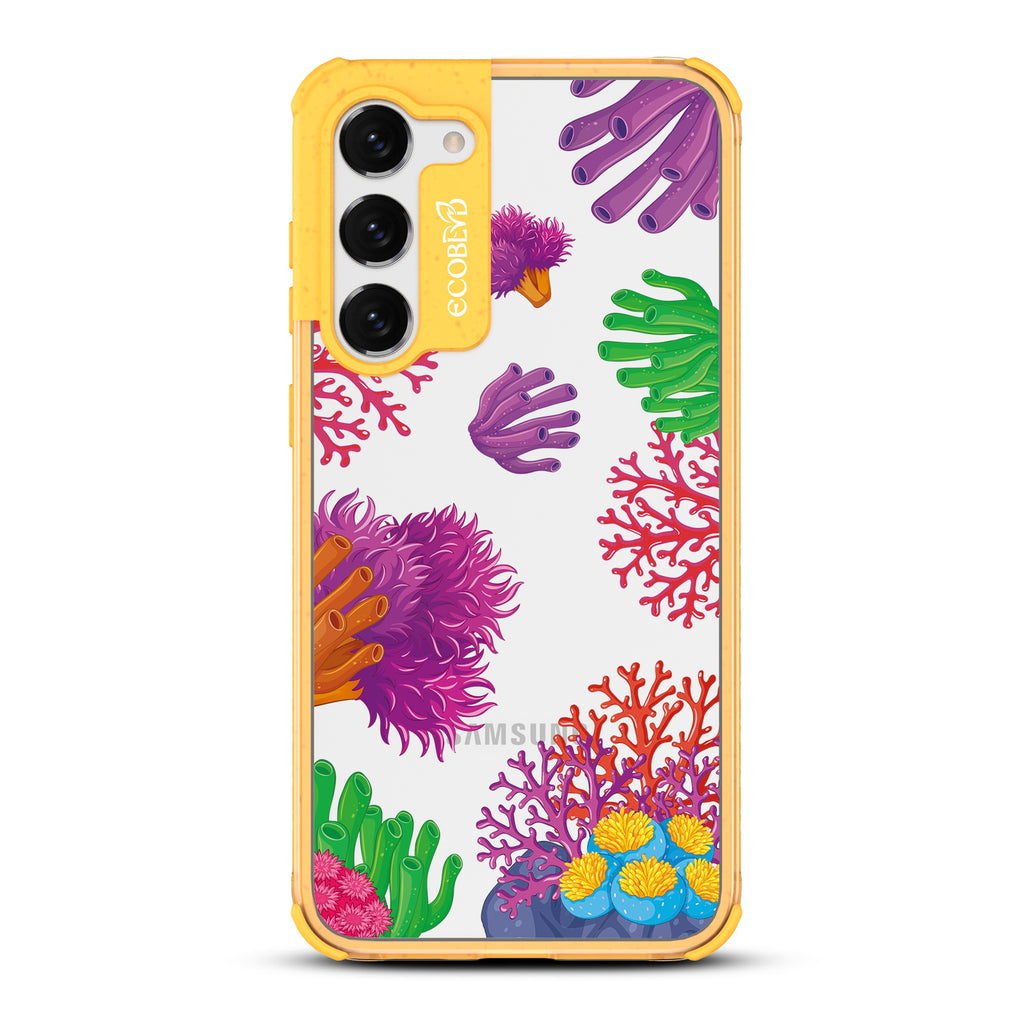 Coral Reef - Yellow Eco-Friendly Galaxy S23 Case with Pastel Colored Coral Reef On A Clear Back