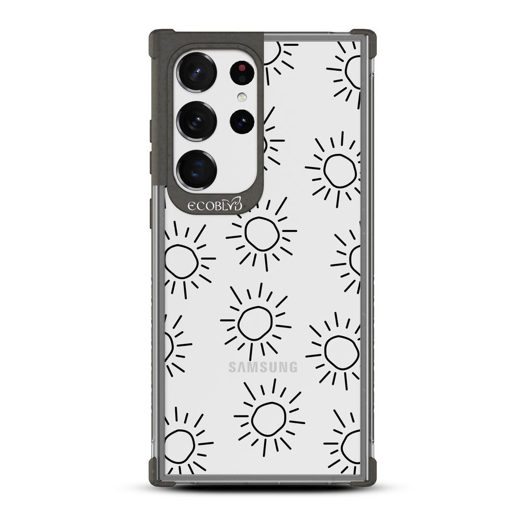 Sun - Black Eco-Friendly Galaxy S23 Ultra Case With Various Scribbled Suns On A Clear Back
