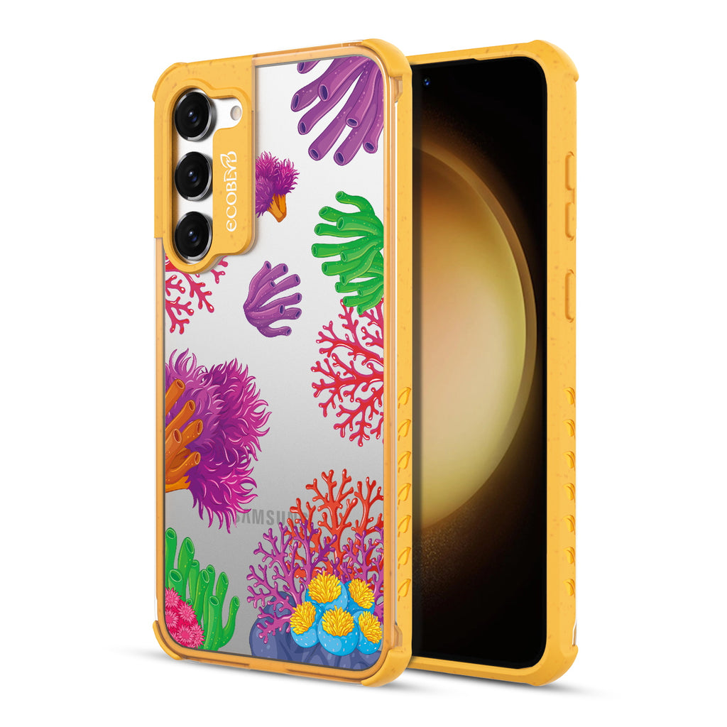 Coral Reef - Back View Of Yellow & Clear Eco-Friendly Galaxy S23 Case & A Front View Of The Screen