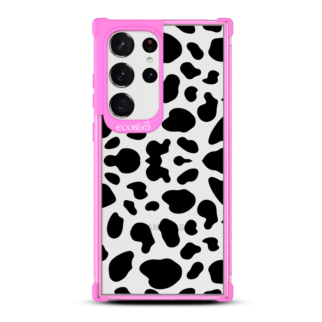 Cow Print - Pink Eco-Friendly Galaxy S23 Ultra Case with Cow Print On A Clear Back
