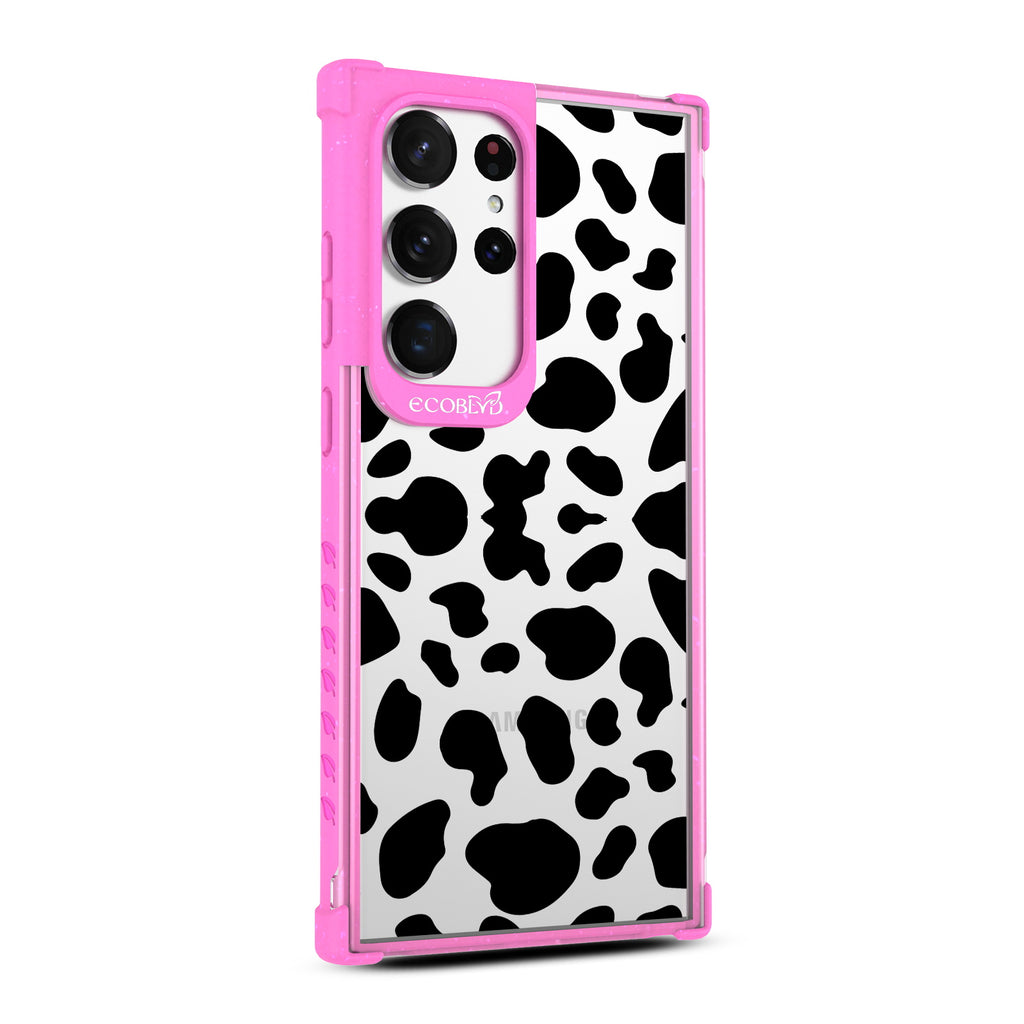 Cow Print - Left-side View Of Pink & Clear Eco-Friendly Galaxy S23 Ultra Case