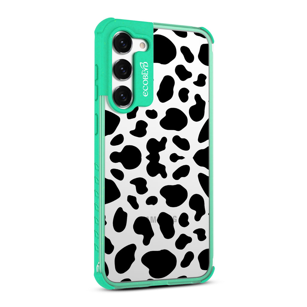 Cow Print - Left-side View Of Green & Clear Eco-Friendly Galaxy S23 Plus Case