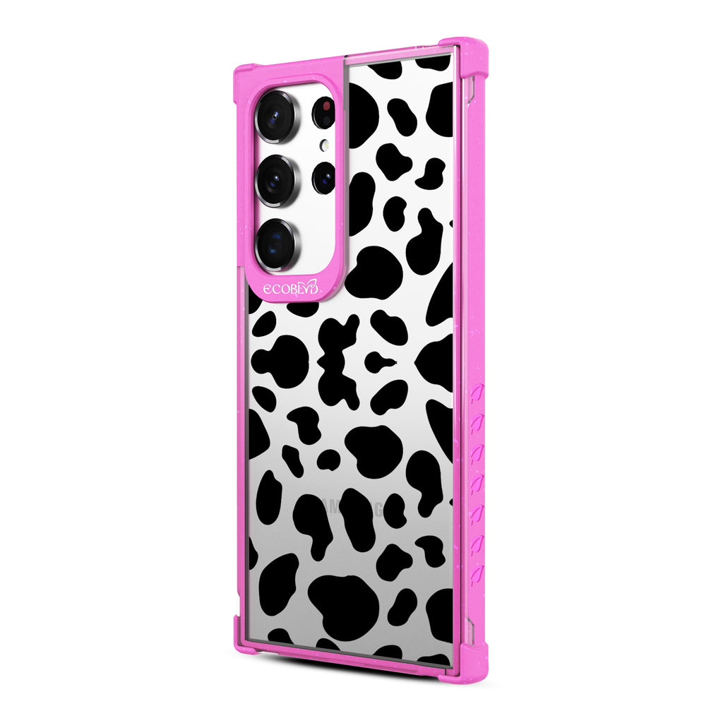 Cow Print - Right-side View Of Pink & Clear Eco-Friendly Galaxy S23 Ultra Case