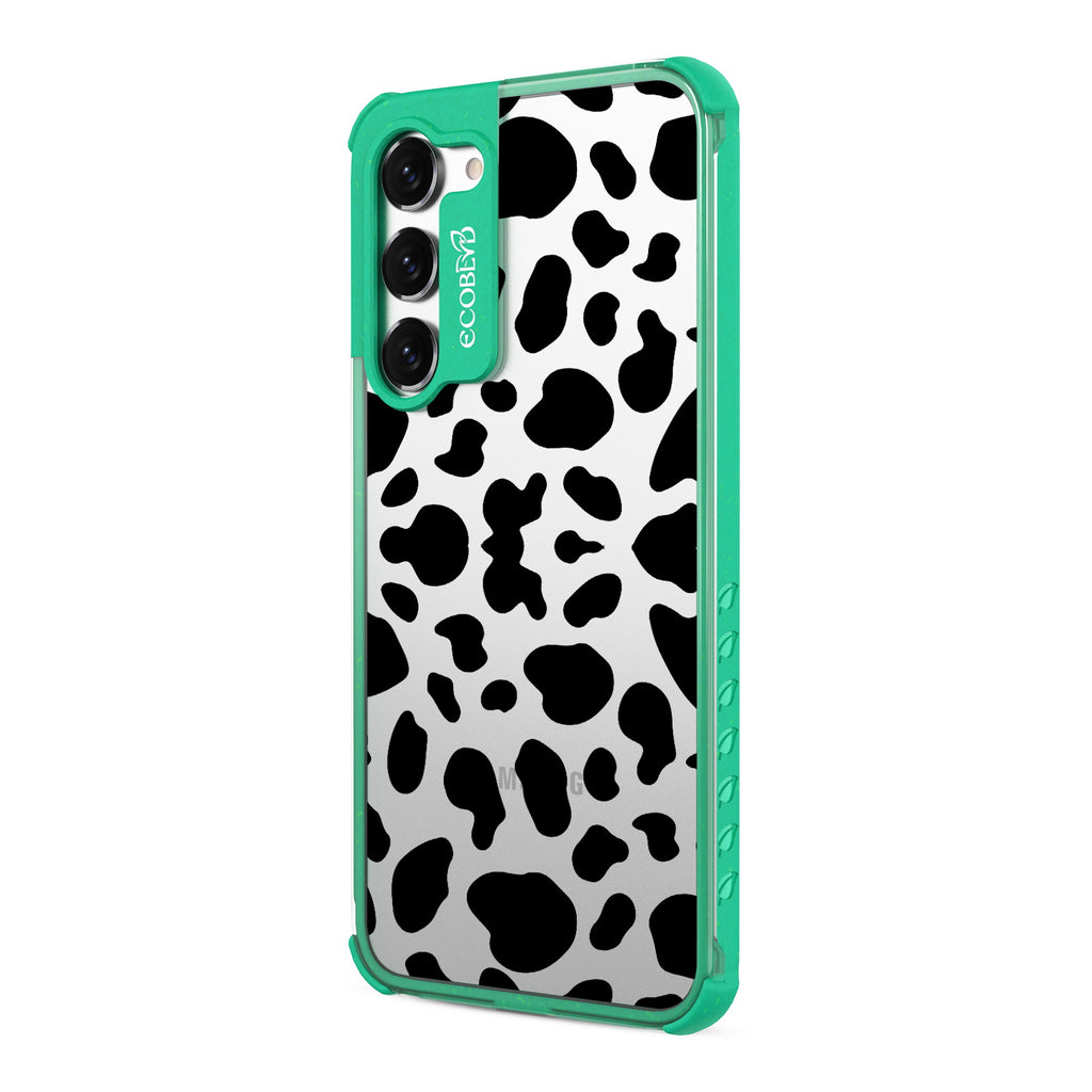Cow Print - Right-side View Of Green & Clear Eco-Friendly Galaxy S23 Case