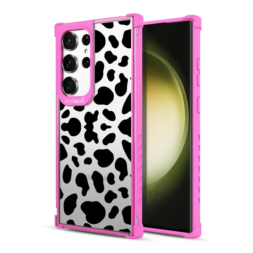Cow Print - Back View Of Pink & Clear Eco-Friendly Galaxy S23 Ultra Case & A Front View Of The Screen