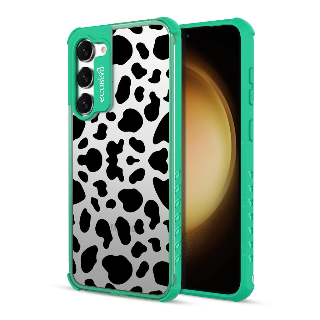 Cow Print - Back View Of Green & Clear Eco-Friendly Galaxy S23 Case & A Front View Of The Screen
