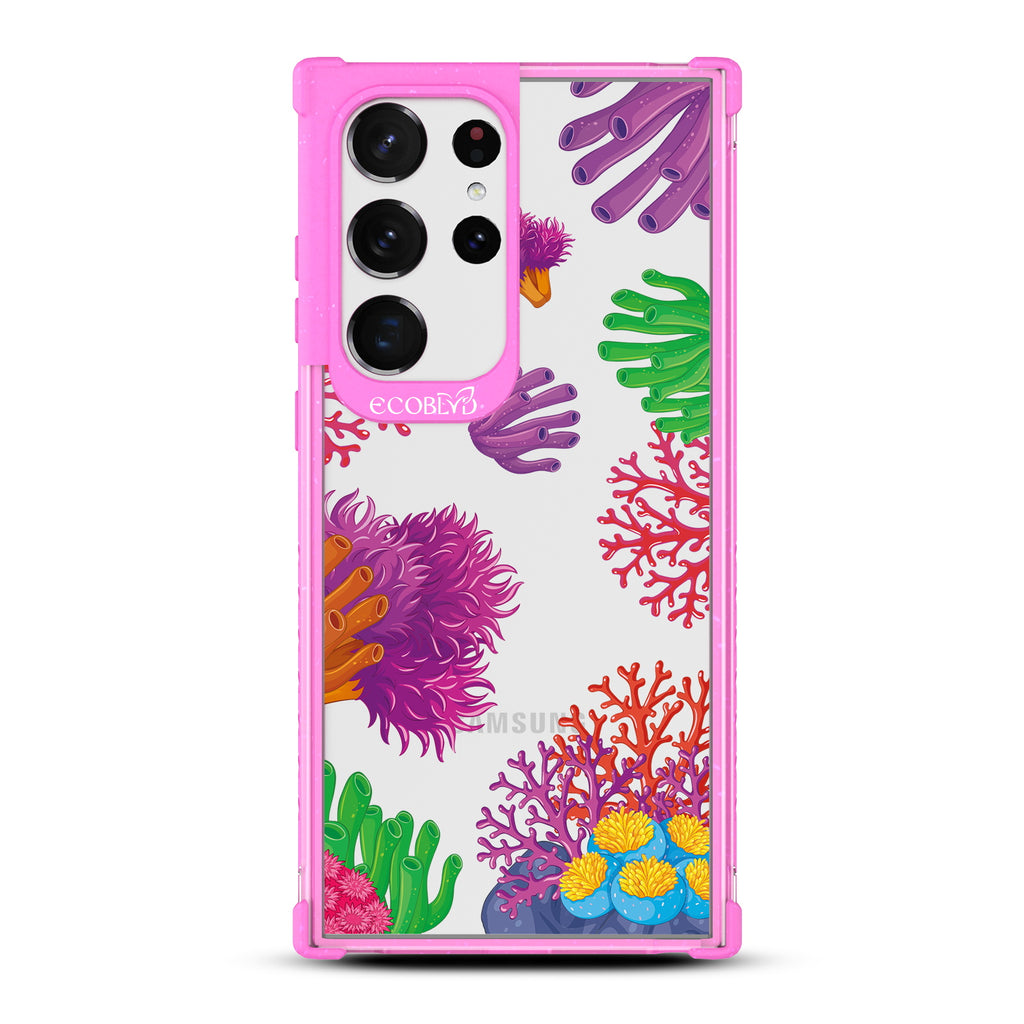 Coral Reef - Pink Eco-Friendly Galaxy S23 Ultra Case with Pastel Colored Coral Reef On A Clear Back
