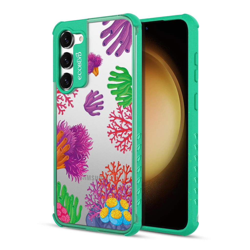 Coral Reef - Back View Of Green & Clear Eco-Friendly Galaxy S23 Plus Case & A Front View Of The Screen