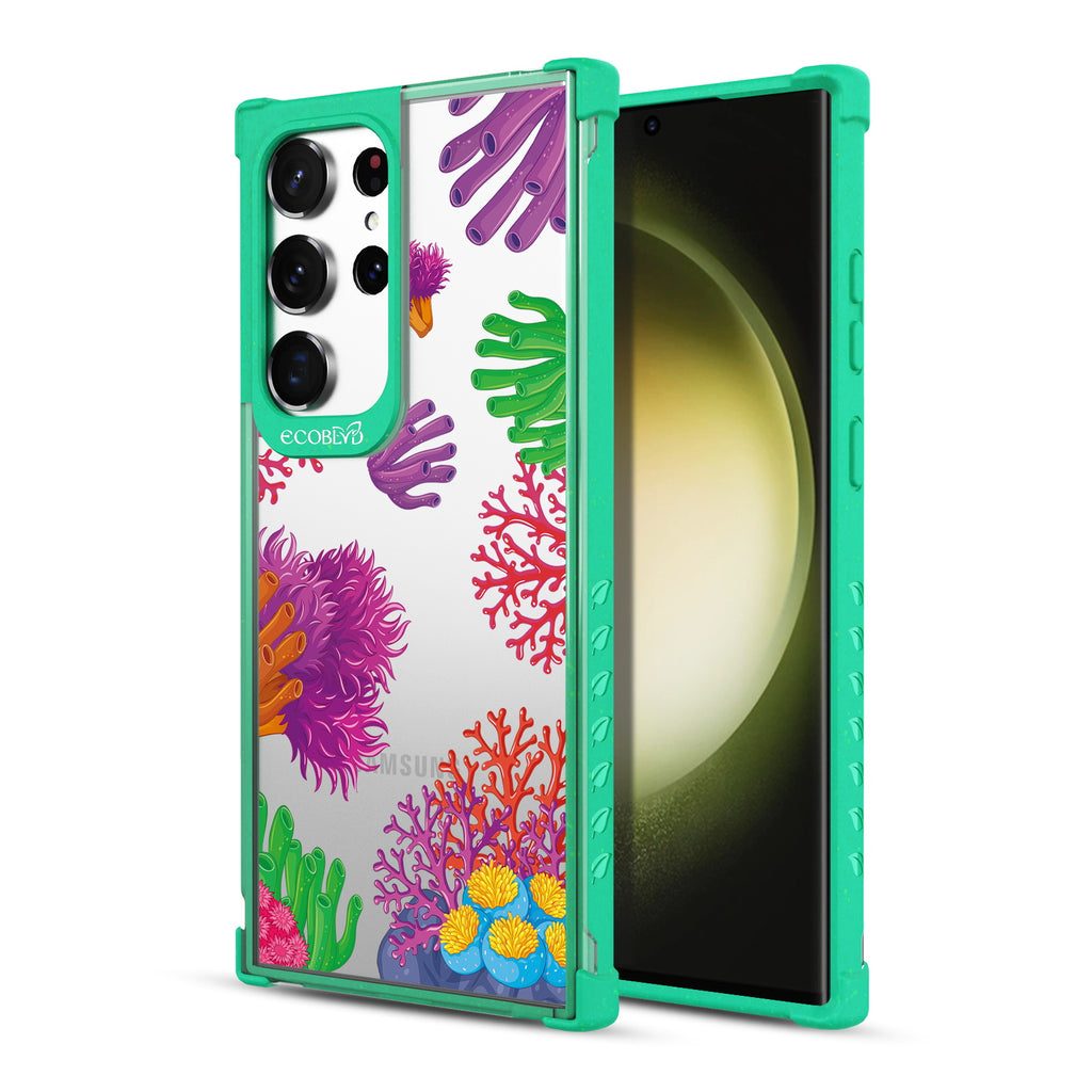 Coral Reef - Back View Of Green & Clear Eco-Friendly Galaxy S23 Ultra Case & A Front View Of The Screen