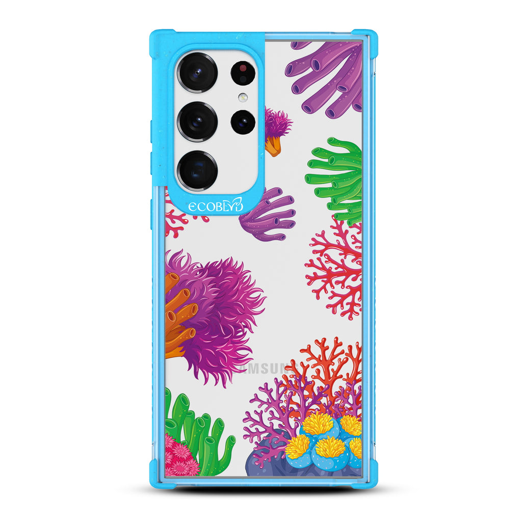 Coral Reef - Blue Eco-Friendly Galaxy S23 Ultra Case with Pastel Colored Coral Reef On A Clear Back