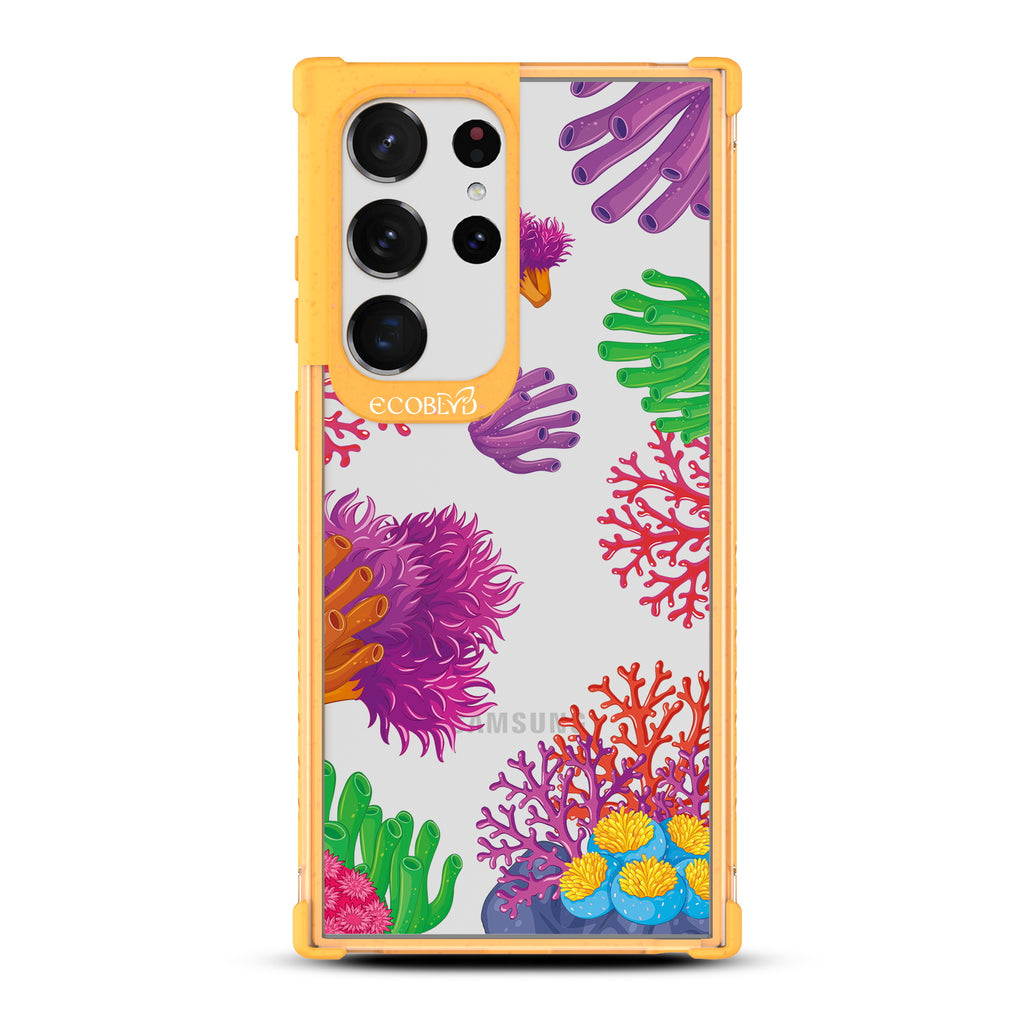 Coral Reef - Yellow Eco-Friendly Galaxy S23 Ultra Case with Pastel Colored Coral Reef On A Clear Back