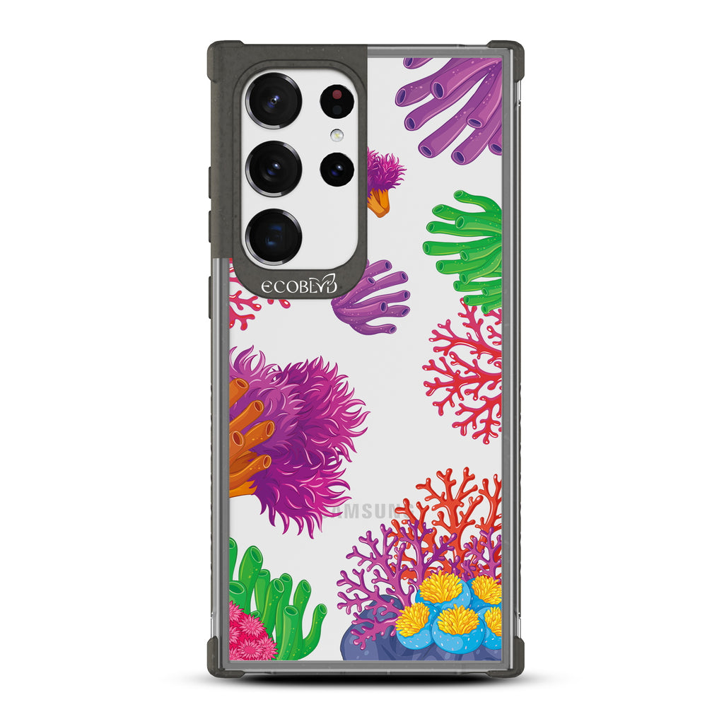 Coral Reef - Black Eco-Friendly Galaxy S23 Ultra Case with Pastel Colored Coral Reef On A Clear Back