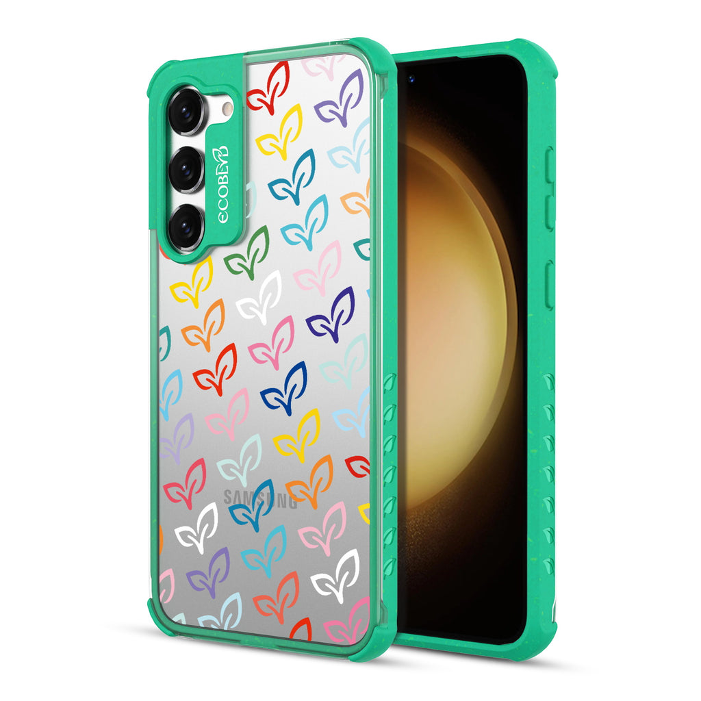 V-Leaf Monogram - Back View Of Green & Clear Eco-Friendly Galaxy S23 Plus Case & A Front View Of The Screen