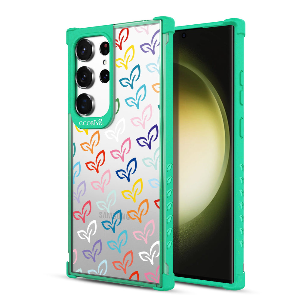 V-Leaf Monogram - Back View Of Green & Clear Eco-Friendly Galaxy S23 Ultra Case & A Front View Of The Screen