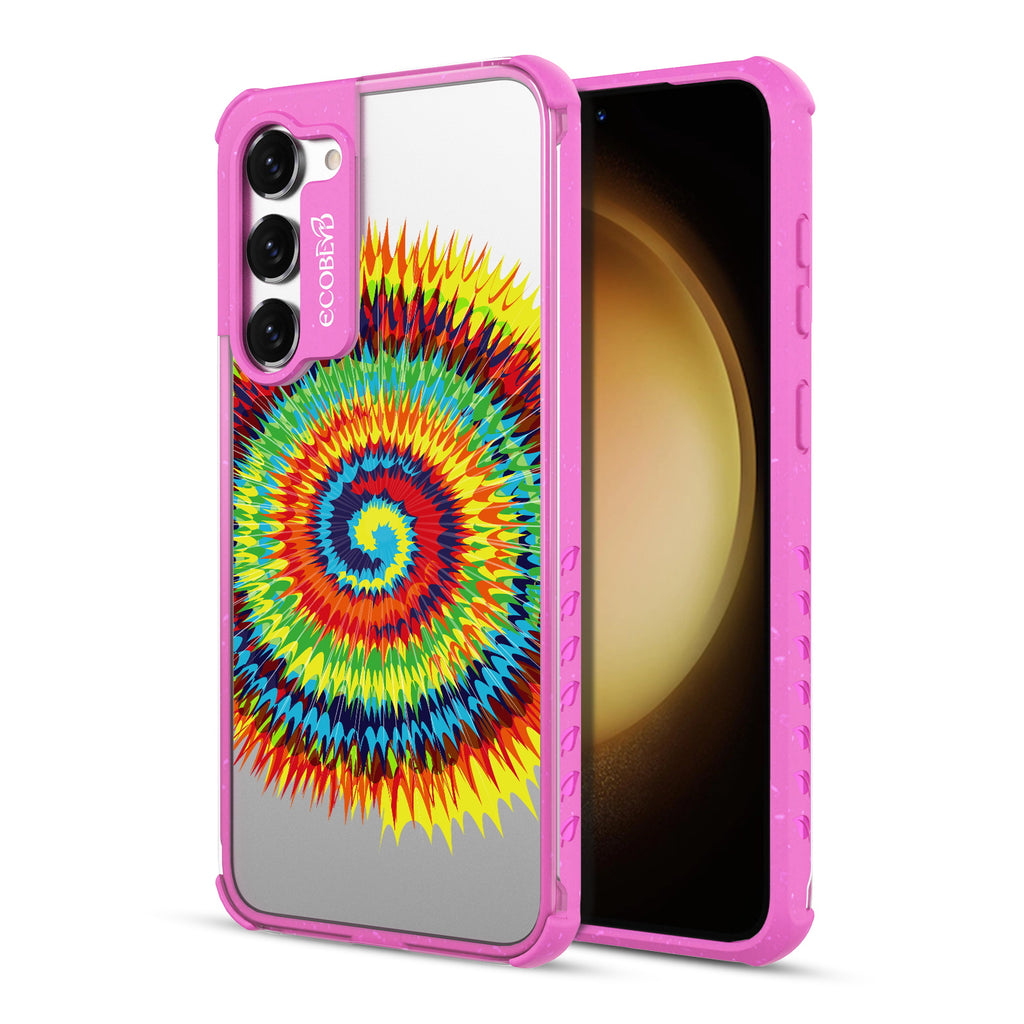Tie Dye - Back View Of Pink & Clear Eco-Friendly Galaxy S23 Plus Case & A Front View Of The Screen