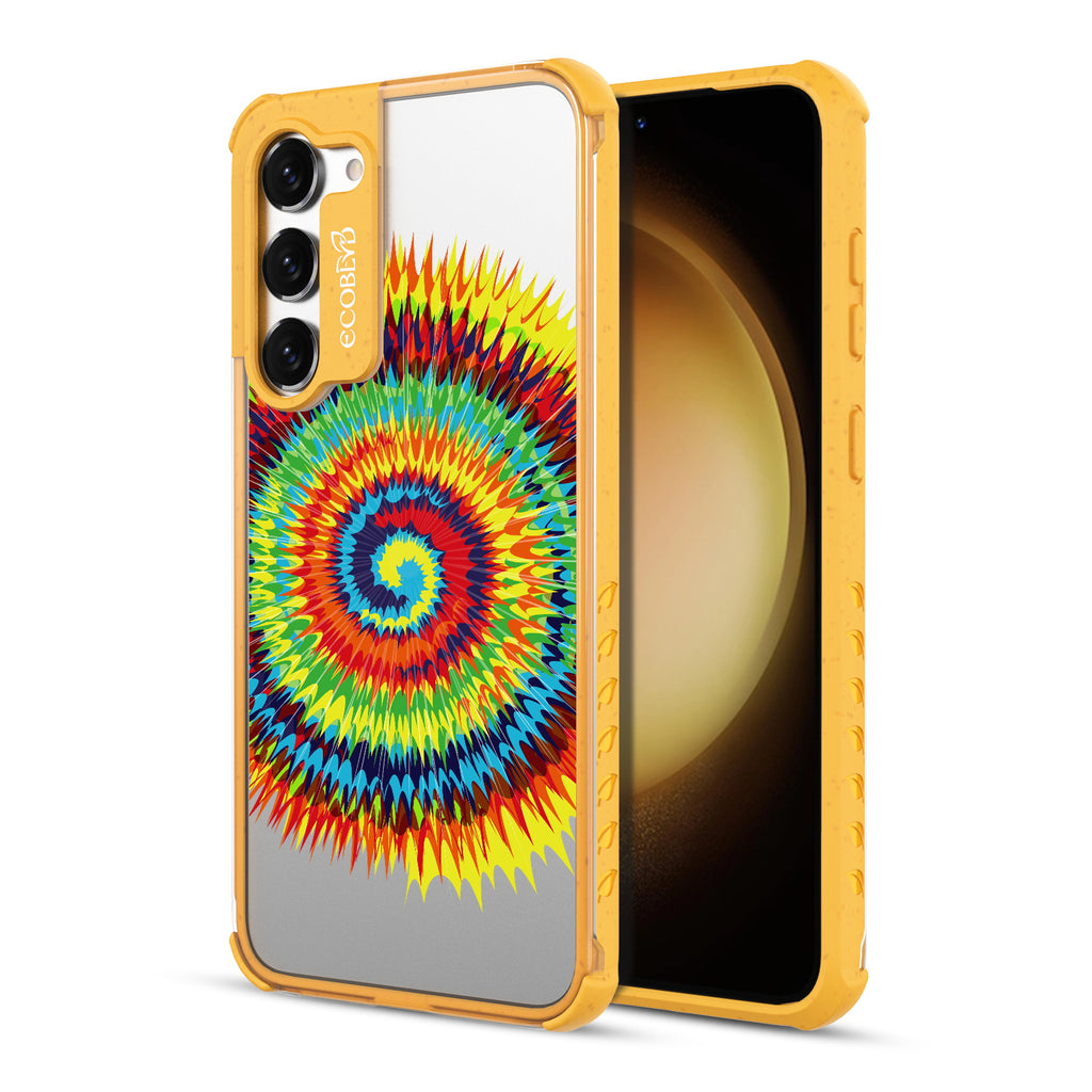 Tie Dye - Back View Of Yellow & Clear Eco-Friendly Galaxy S23 Plus Case & A Front View Of The Screen