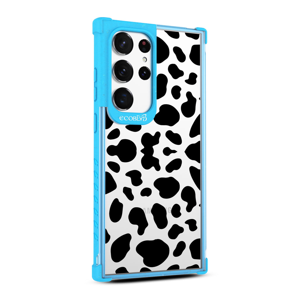 Cow Print - Left-side View Of Blue & Clear Eco-Friendly Galaxy S23 Ultra Case