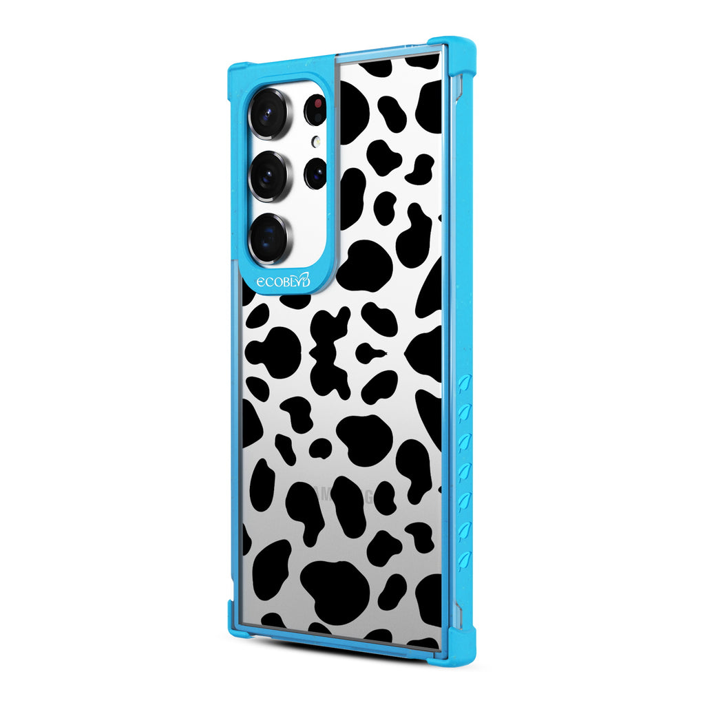 Cow Print - Right-side View Of Blue & Clear Eco-Friendly Galaxy S23 Ultra Case