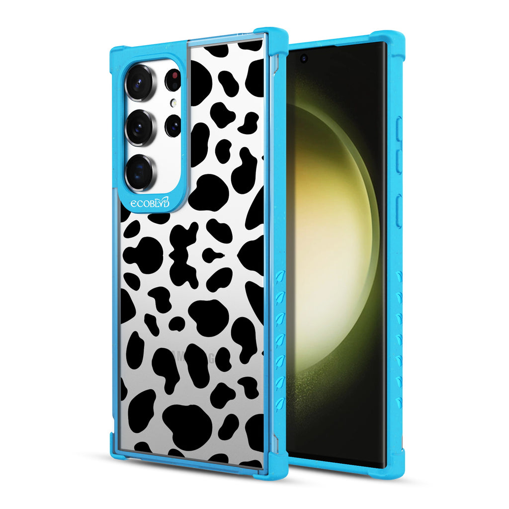 Cow Print - Back View Of Blue & Clear Eco-Friendly Galaxy S23 Ultra Case & A Front View Of The Screen