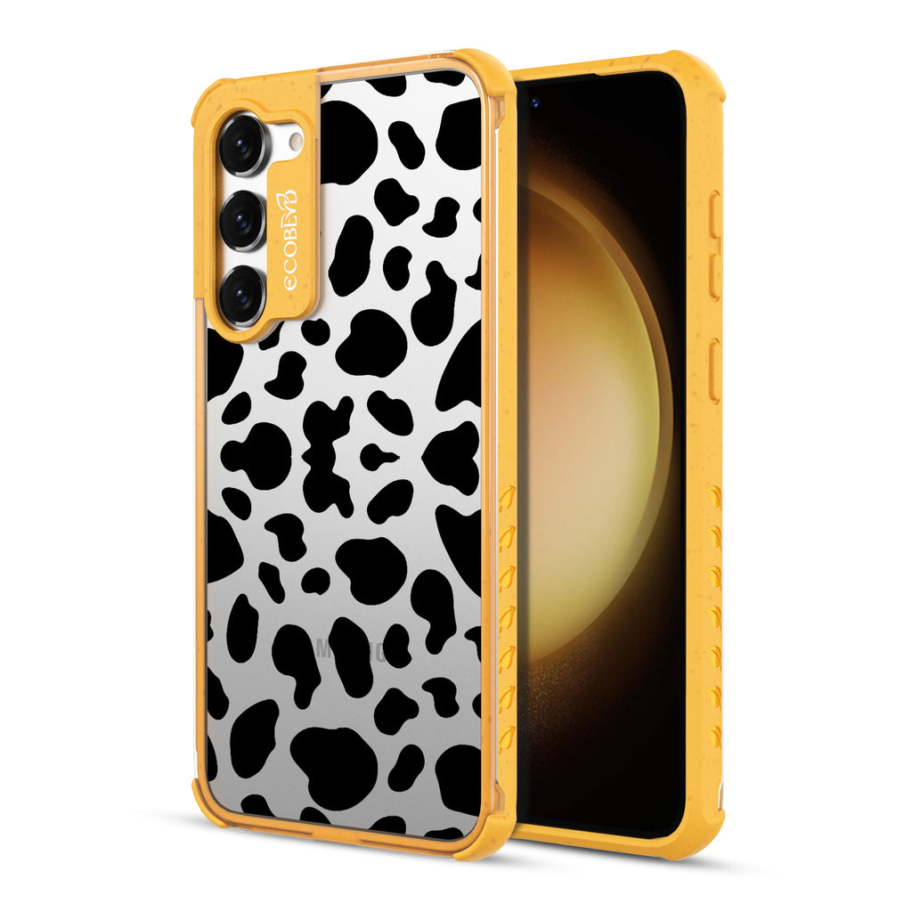 Cow Print - Back View Of Yellow & Clear Eco-Friendly Galaxy S23 Case & A Front View Of The Screen