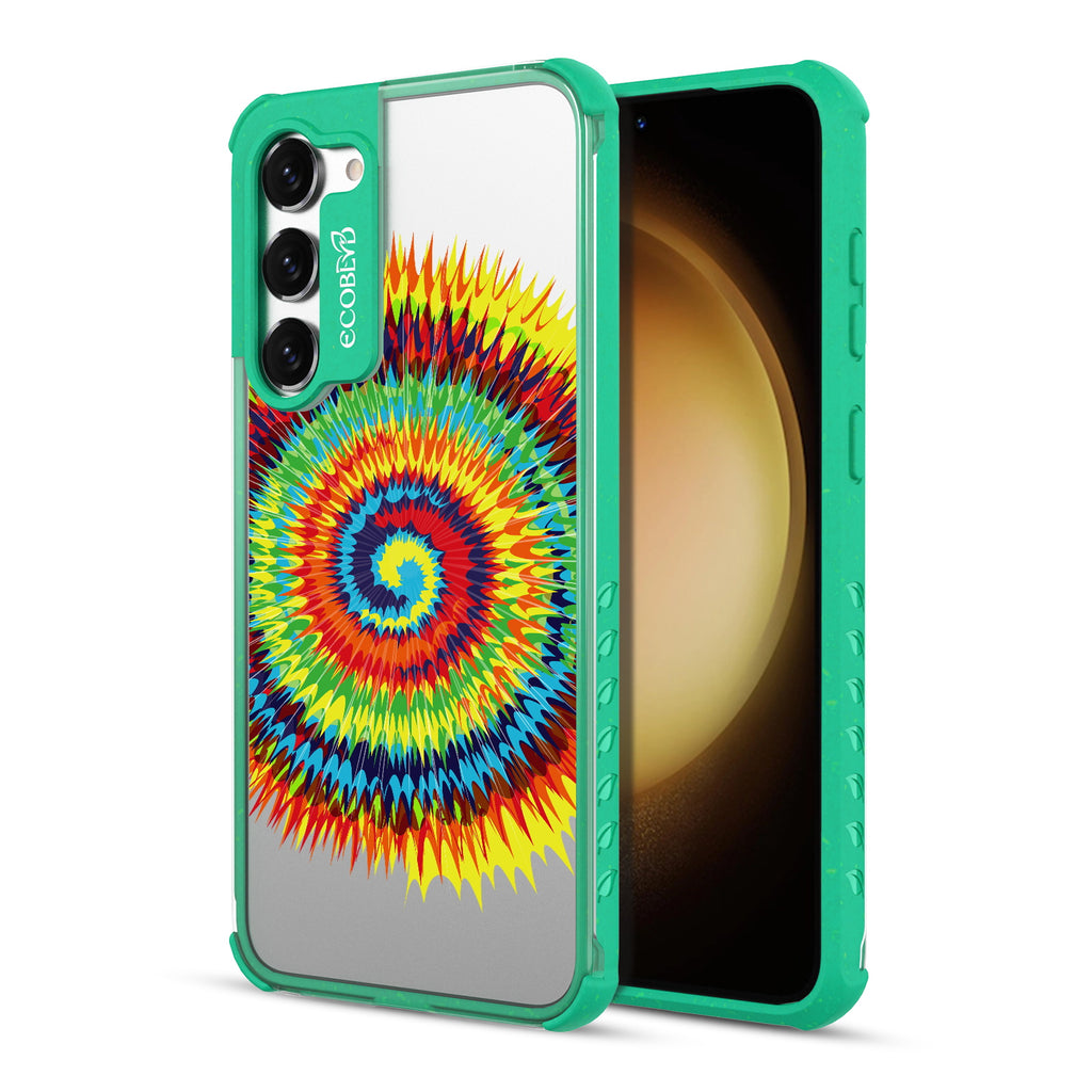 Tie Dye - Back View Of Green & Clear Eco-Friendly Galaxy S23 Case & A Front View Of The Screen