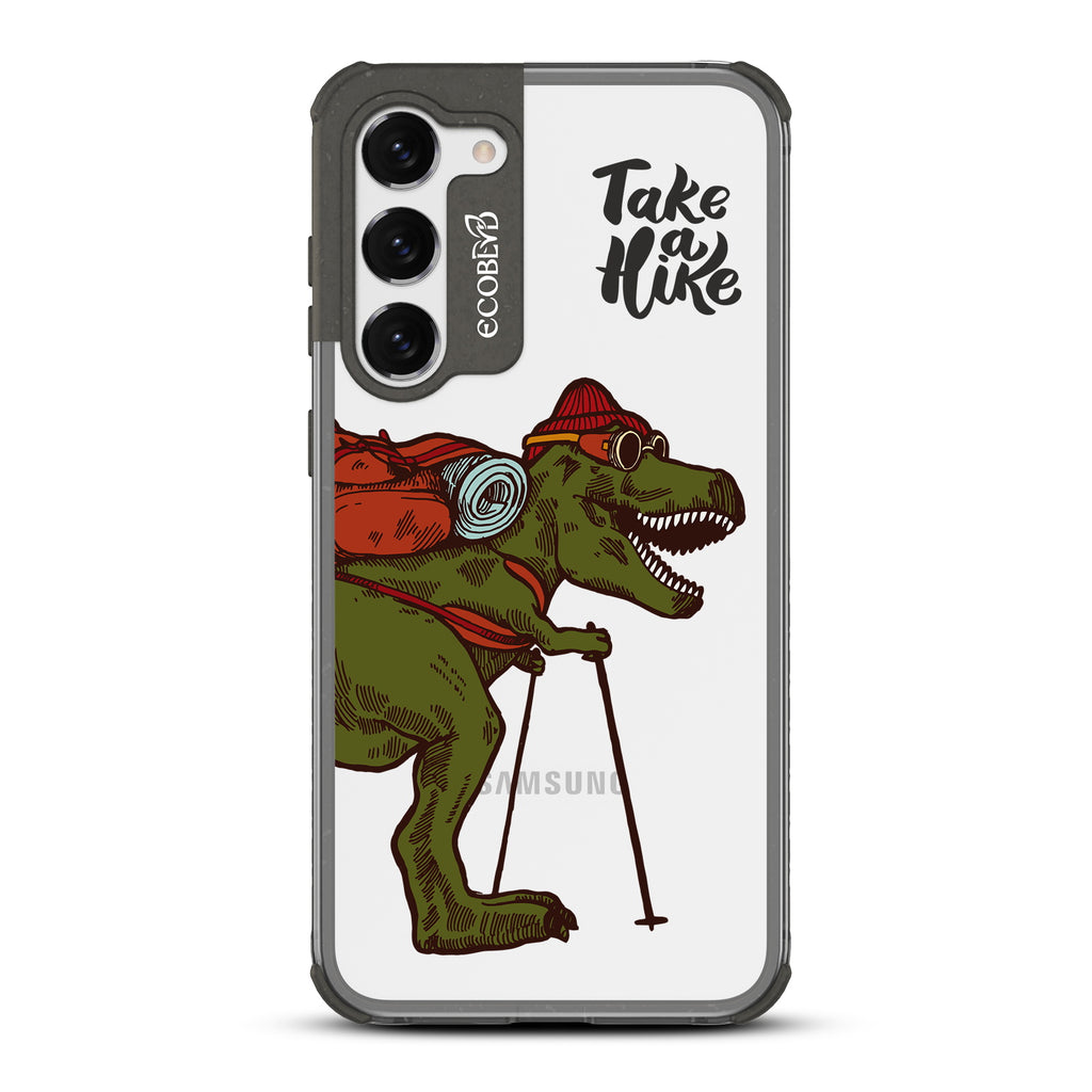 Take A Hike - Black Eco-Friendly Galaxy S23 Case With A Trail-Ready T-Rex And Text Saying Take A Hike On A Clear Back