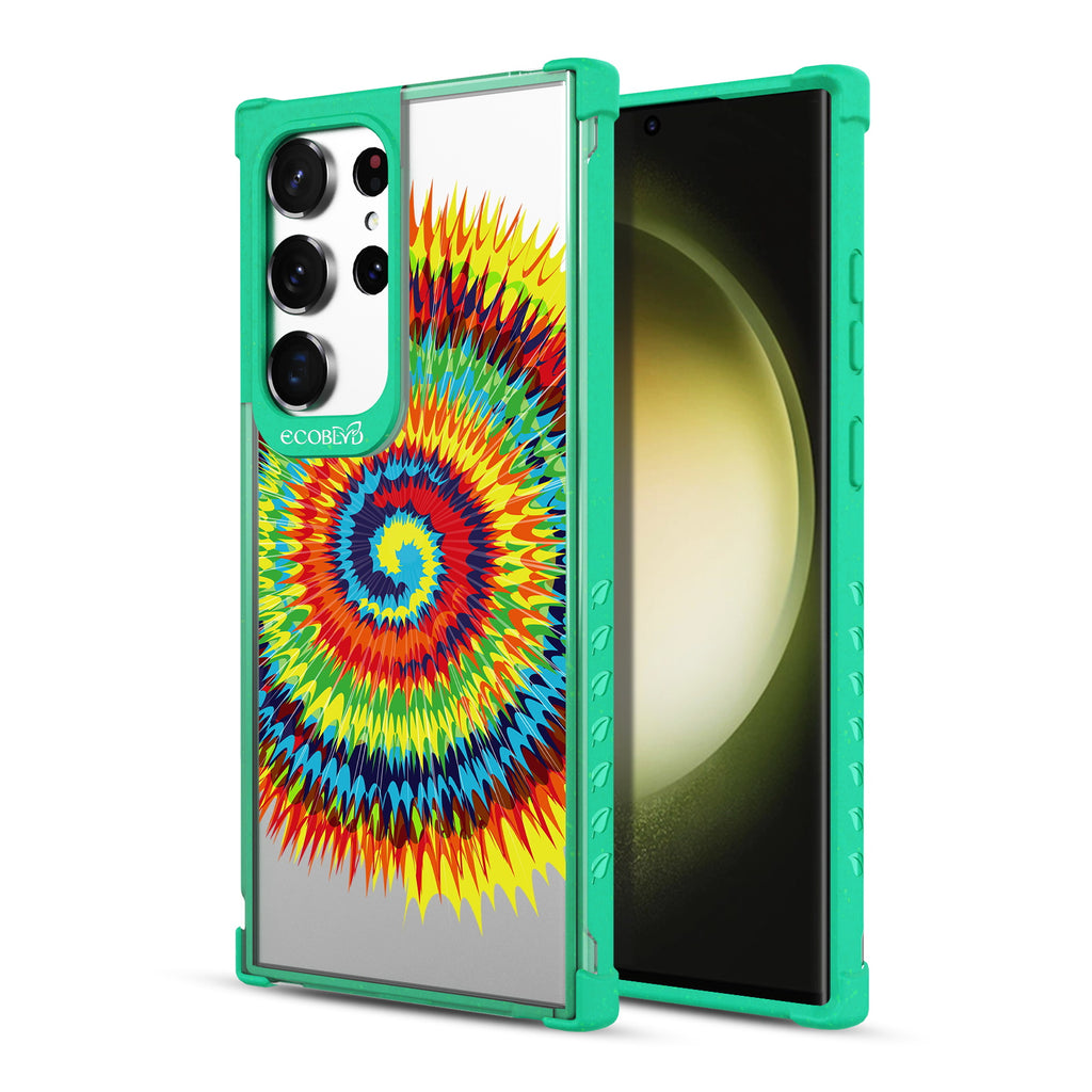 Tie Dye - Back View Of Green & Clear Eco-Friendly Galaxy S23 Ultra Case & A Front View Of The Screen