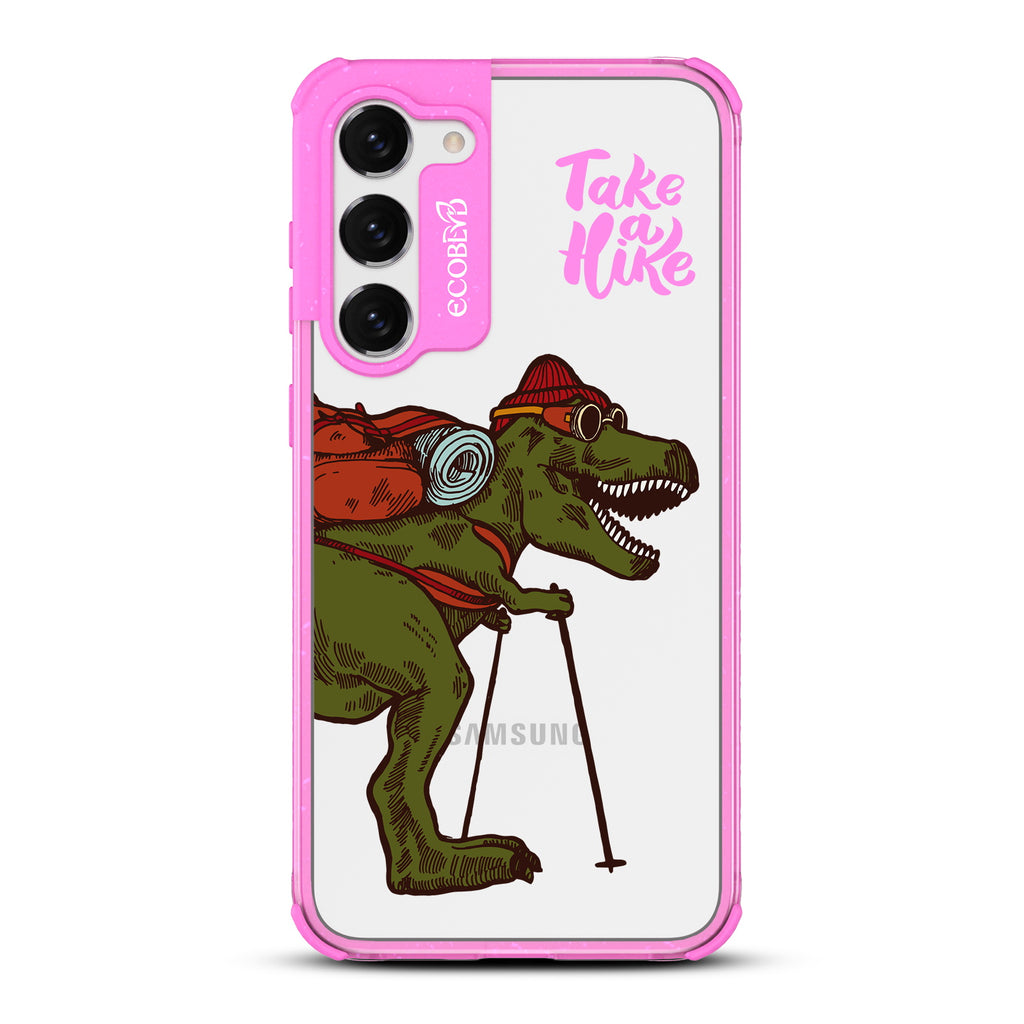 Take A Hike - Pink Eco-Friendly Galaxy S23 Case With A Trail-Ready T-Rex And Text Saying Take A Hike On A Clear Back