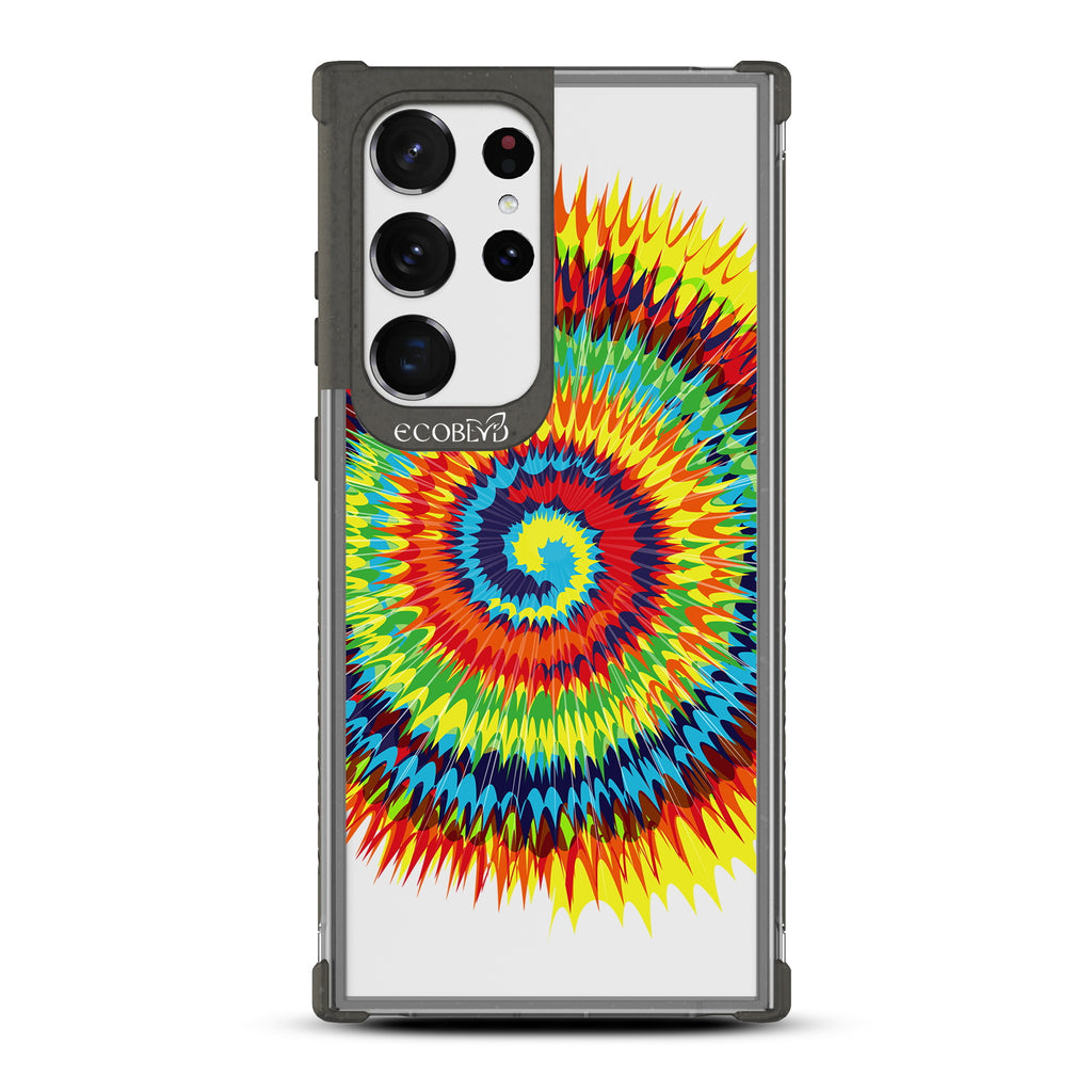 Tie Dye - Black Eco-Friendly Galaxy S23 Ultra Case With A Retro Rainbow Tie Dye Print On A Clear Back
