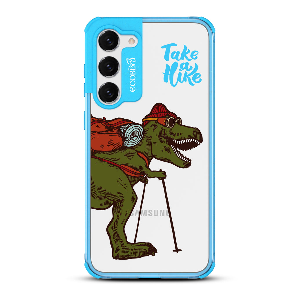 Take A Hike - Blue Eco-Friendly Galaxy S23 Case With A Trail-Ready T-Rex And Text Saying Take A Hike On A Clear Back